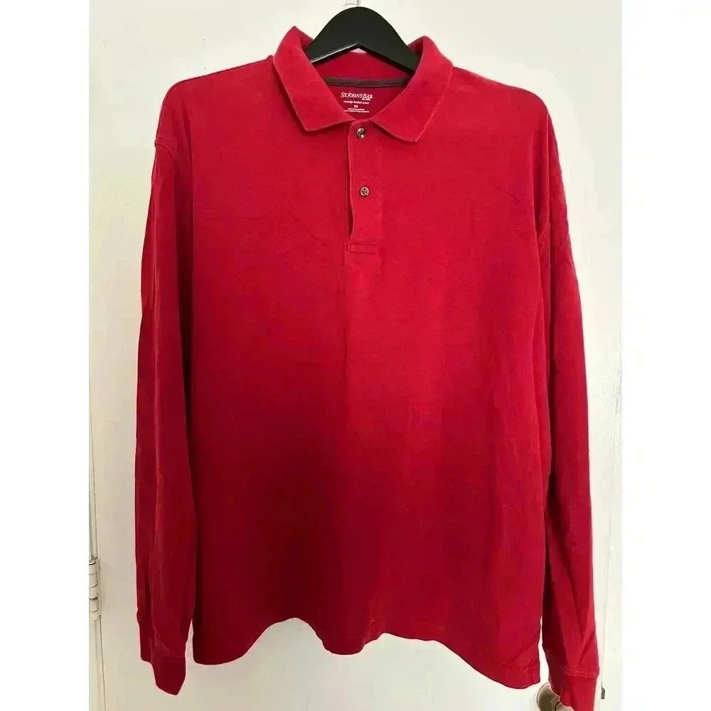 St John's Bay Men's Heritage Sueded Jersey Polo Long Sleeve Red Cotton Size XXL
